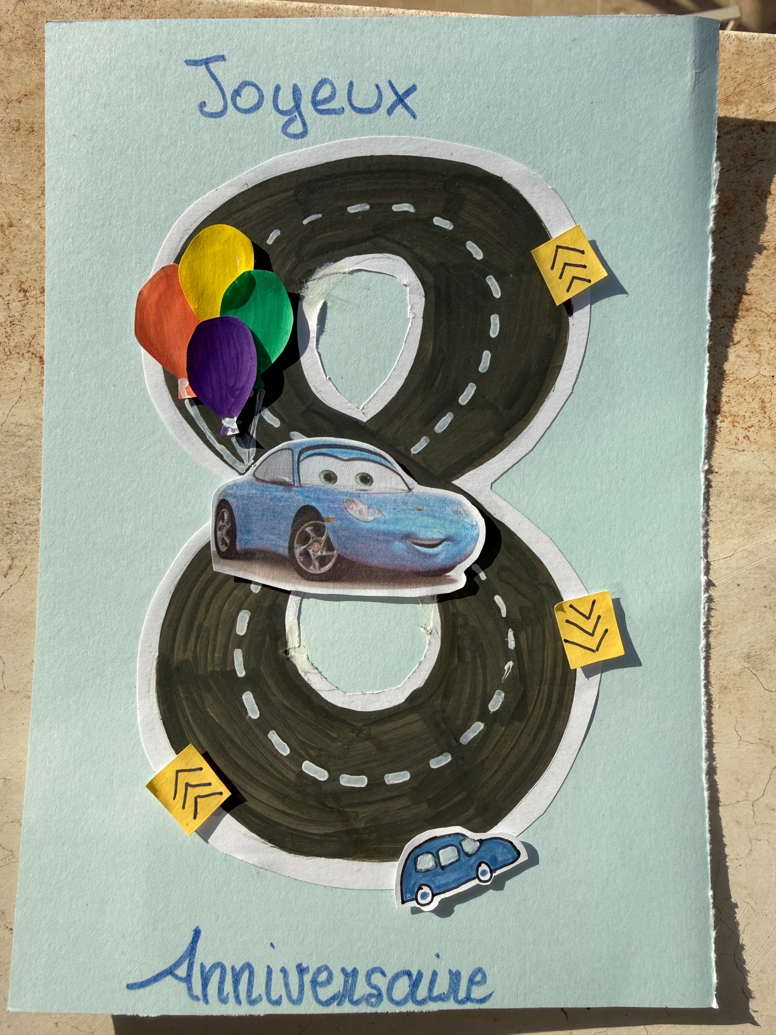 Carte anniversaire 8 ans avec voiture et ballons